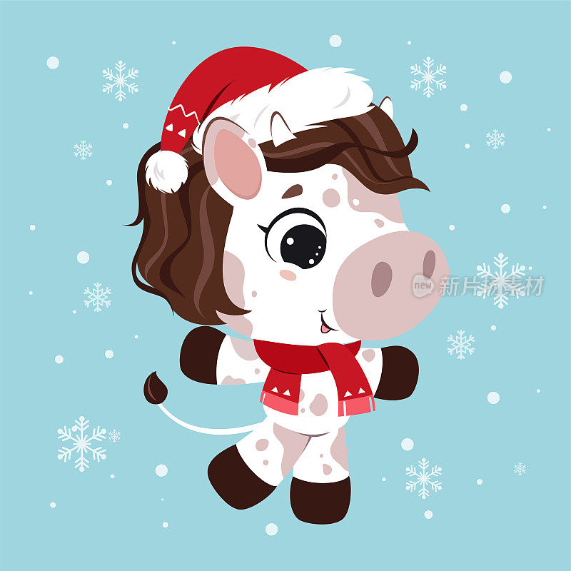 Merry Christmas! Funny cow character on blue snowy background. Card in cartoon style.